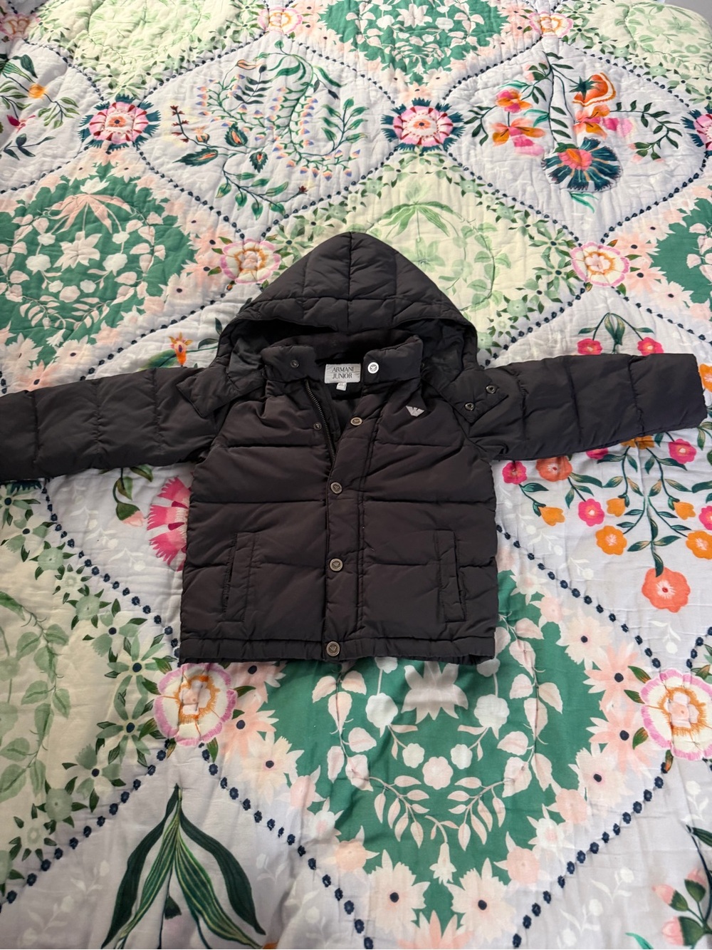 Armani Junior Black Hooded Quilted Puffer Coat